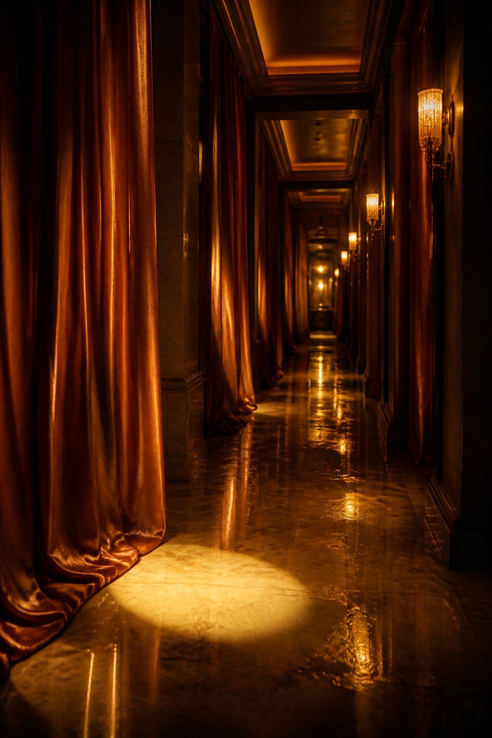 Gold-lit hotel corridor draped in satin