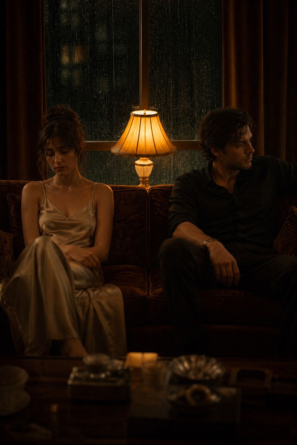 Two people sitting apart on a sofa in rainlight
